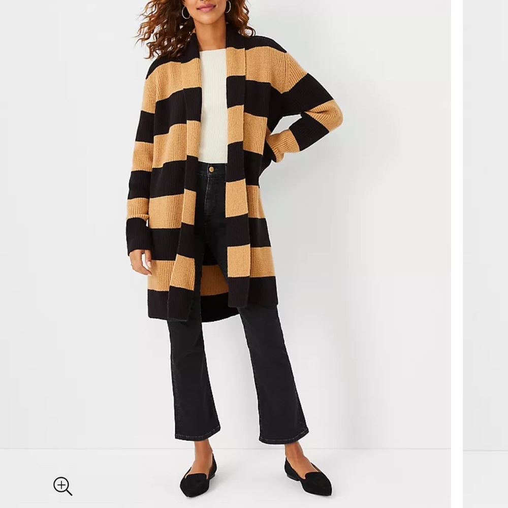 Ann Taylor Striped Shawl Collar Open Cardigan